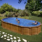 Piscine tubulaire ovale acier effet bois 7,30 × 3,75 × H 1,32 m